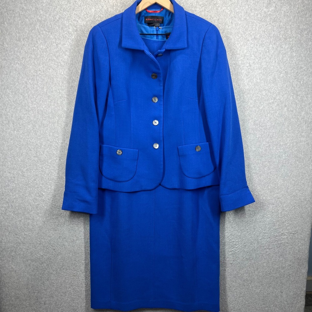Nina McLemore Dress Set Jacket 10 Dress 14 Blue Virgin Wool Silk EUC